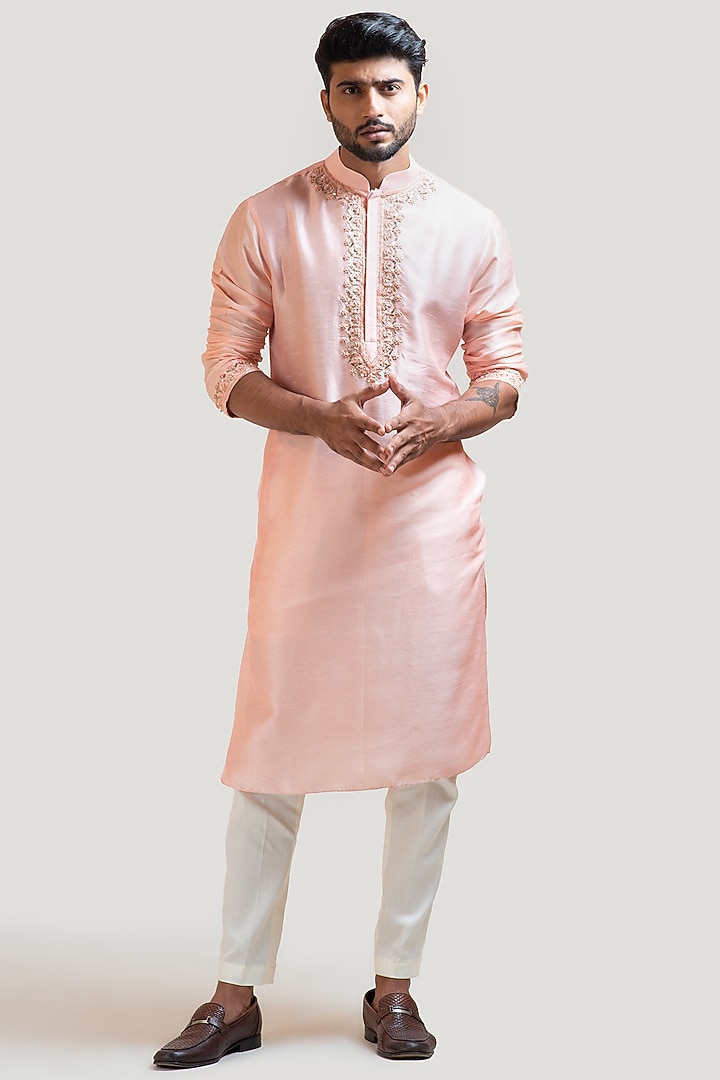 Peach Bamberg Silk Hand Embroidered Kurta Set by Smriti by Anju Agarwal Men at Pernia's Pop Up Shop