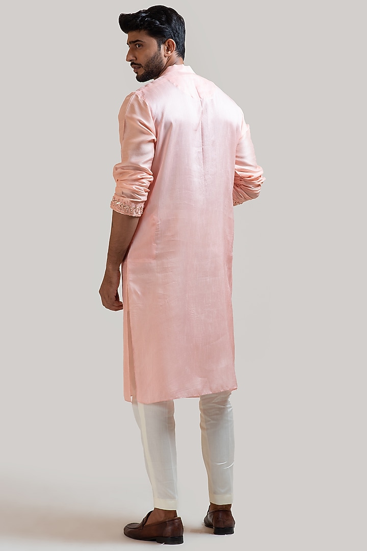 Peach Bamberg Silk Hand Embroidered Kurta Set by Smriti by Anju Agarwal Men at Pernia's Pop Up Shop