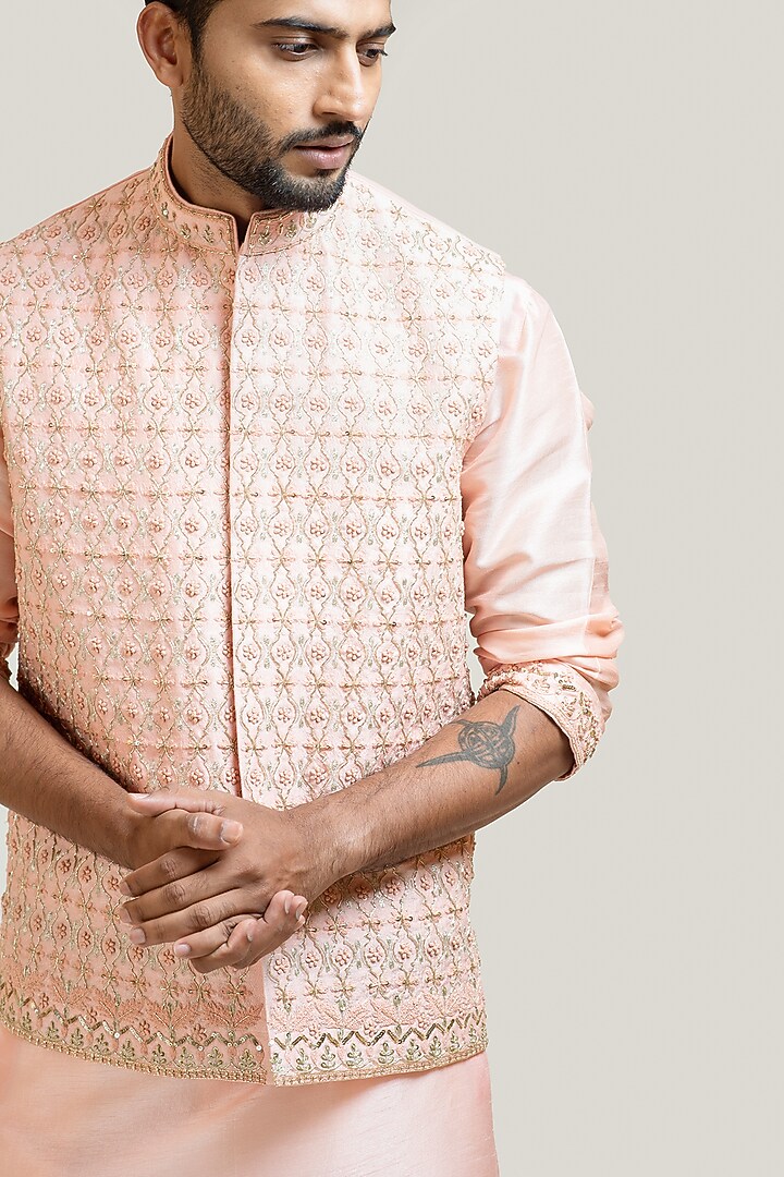 Peach Bamberg Silk Embellished Bundi Jacket Set by Smriti by Anju Agarwal Men at Pernia's Pop Up Shop