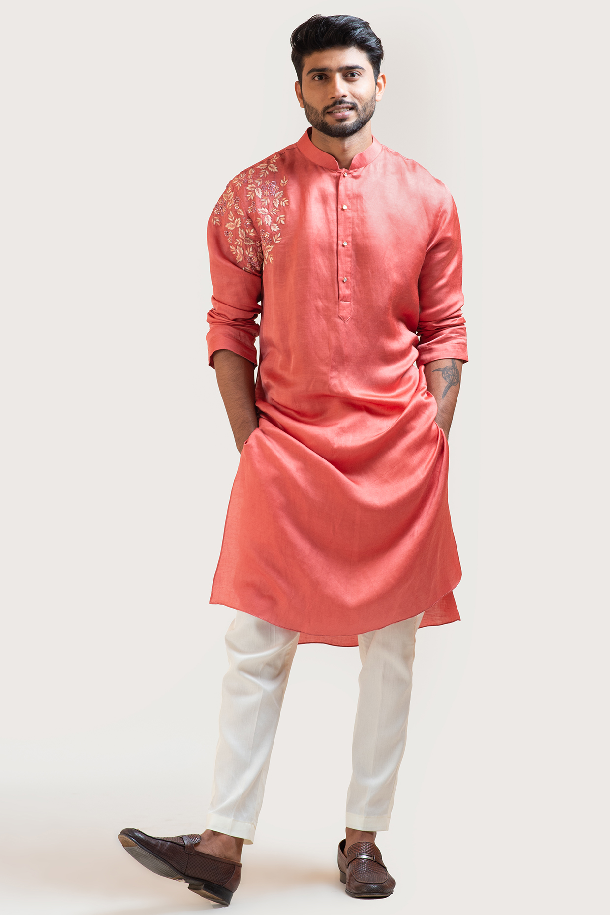 Rust Red Embroidered Kurta Set by Smriti by Anju Agarwal Men at Pernia's Pop Up Shop