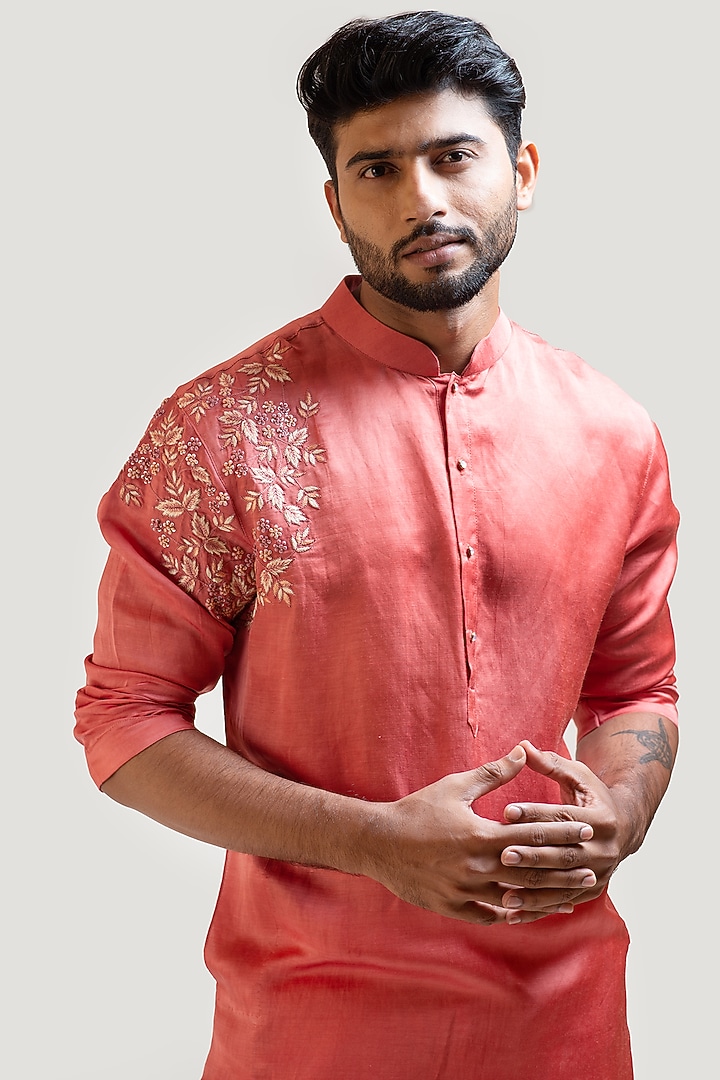 Rust Red Embroidered Kurta Set by Smriti by Anju Agarwal Men at Pernia's Pop Up Shop