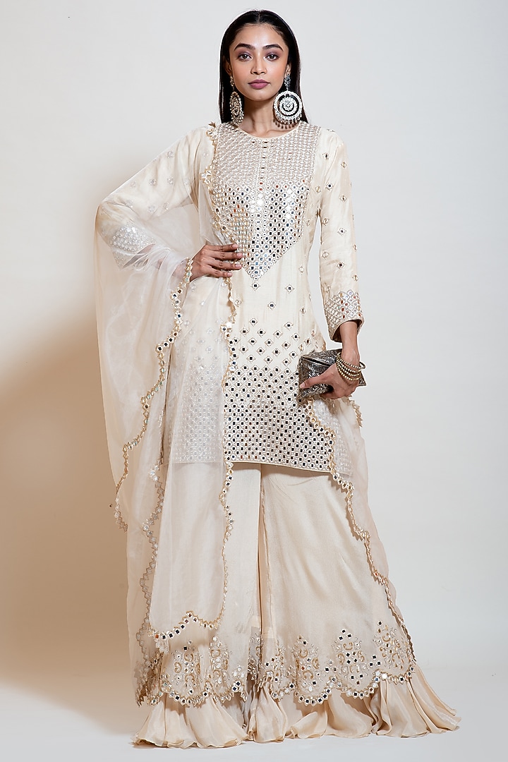 Ivory Silk Embellished Wedding Sharara Set by Smriti by Anju Agarwal at Pernia's Pop Up Shop