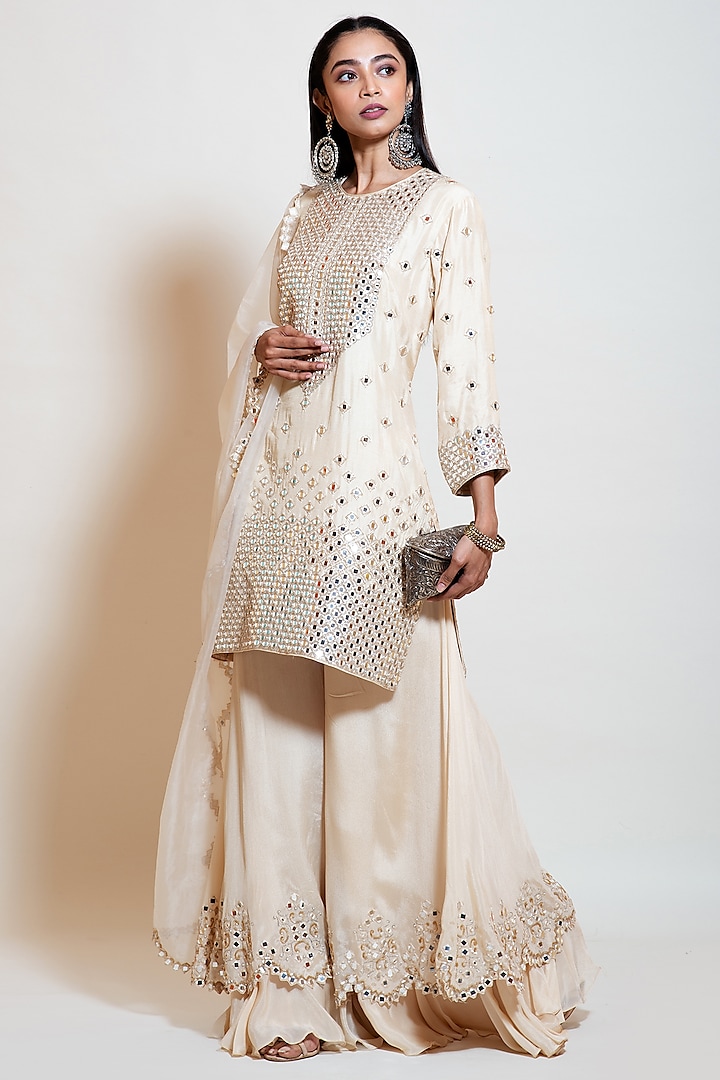 Ivory Silk Embellished Wedding Sharara Set by Smriti by Anju Agarwal at Pernia's Pop Up Shop
