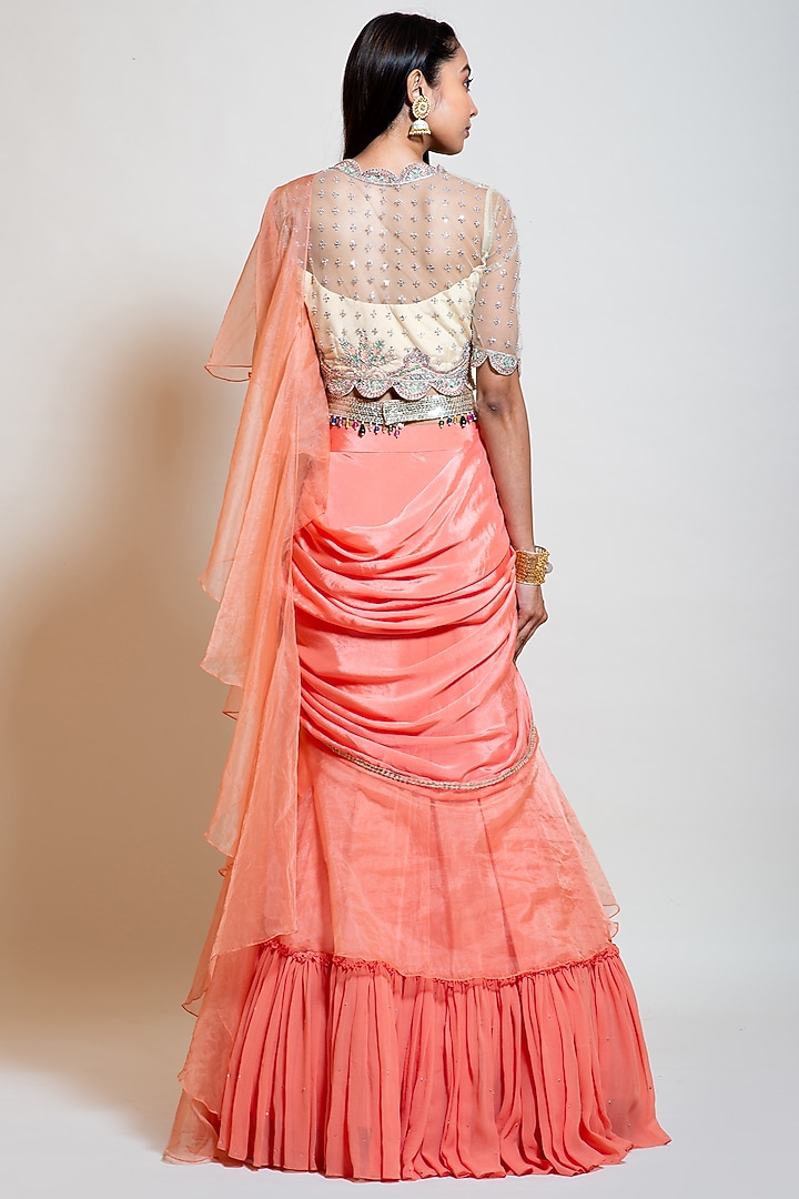 Peach Chinon & Crepe Wedding Lehenga Saree Set by Smriti by Anju Agarwal at Pernia's Pop Up Shop
