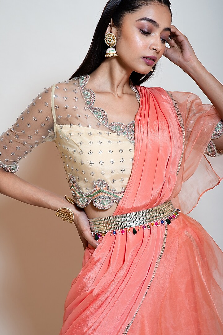 Peach Chinon & Crepe Wedding Lehenga Saree Set by Smriti by Anju Agarwal at Pernia's Pop Up Shop