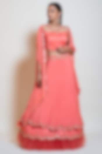 Peach Chinon & Silk Embroidered Jacket Wedding Lehenga Set by Smriti by Anju Agarwal at Pernia's Pop Up Shop