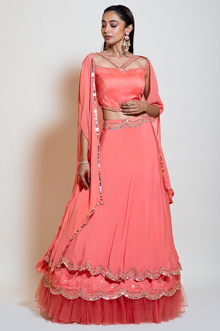 Peach Chinon & Silk Embroidered Jacket Wedding Lehenga Set by Smriti by Anju Agarwal at Pernia's Pop Up Shop