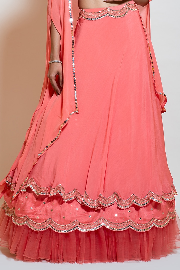 Peach Chinon & Silk Embroidered Jacket Wedding Lehenga Set by Smriti by Anju Agarwal at Pernia's Pop Up Shop