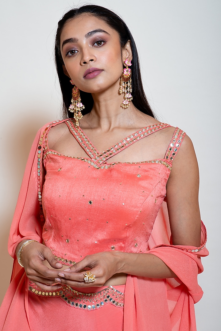 Peach Chinon & Silk Embroidered Jacket Wedding Lehenga Set by Smriti by Anju Agarwal at Pernia's Pop Up Shop