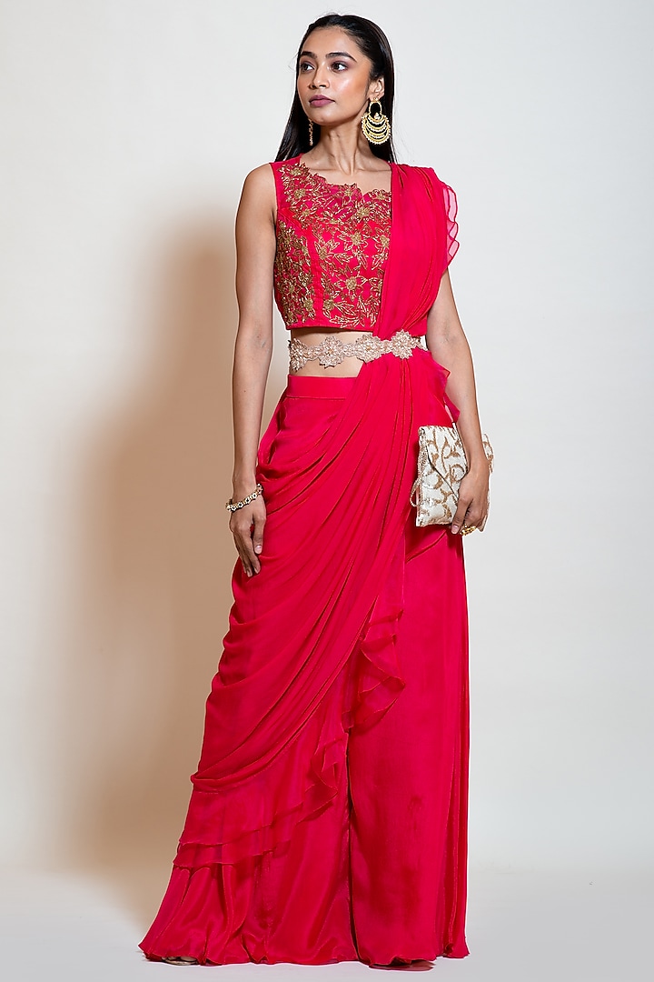 Rose Pink Crepe & Organza Ruffled Drape Sharara Set  by Smriti by Anju Agarwal