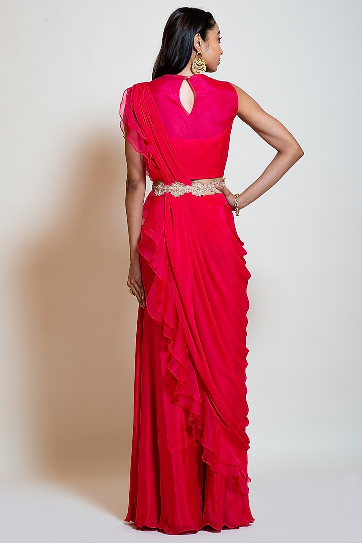 Rose Pink Crepe & Organza Ruffled Drape Sharara Set by Smriti by Anju Agarwal at Pernia's Pop Up Shop