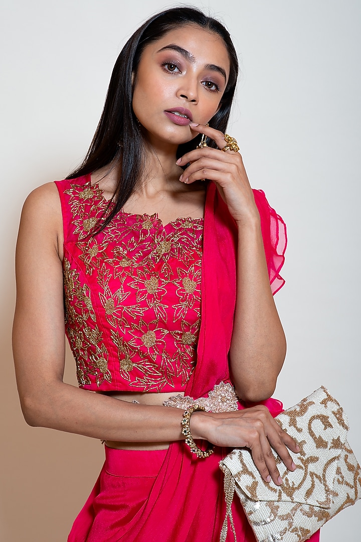 Rose Pink Crepe & Organza Ruffled Drape Sharara Set by Smriti by Anju Agarwal at Pernia's Pop Up Shop