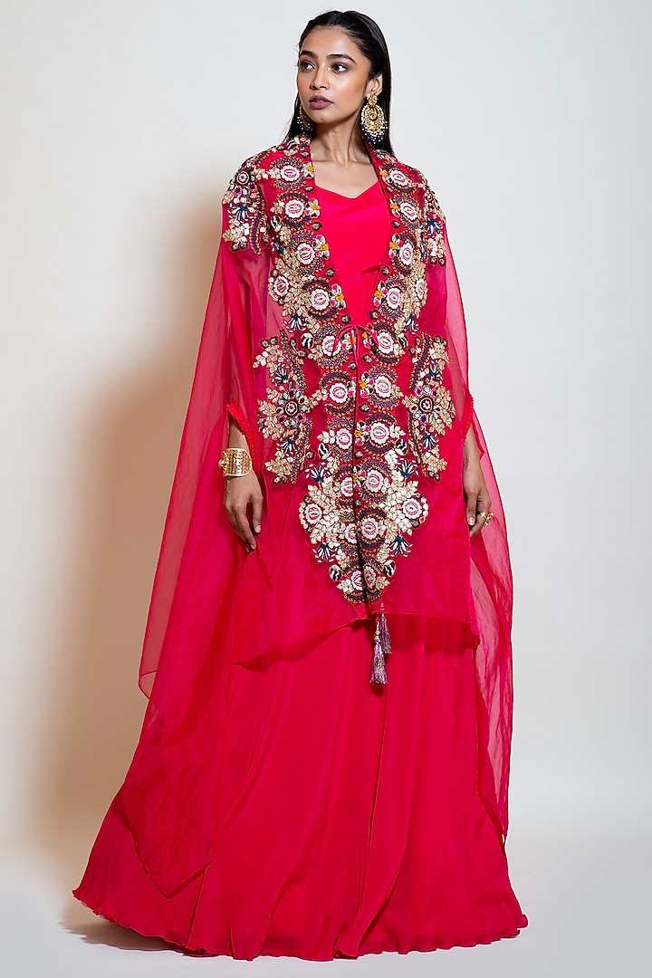 Fuschia Crepe Embroidered Jacket Wedding Lehenga Set by Smriti by Anju Agarwal at Pernia's Pop Up Shop