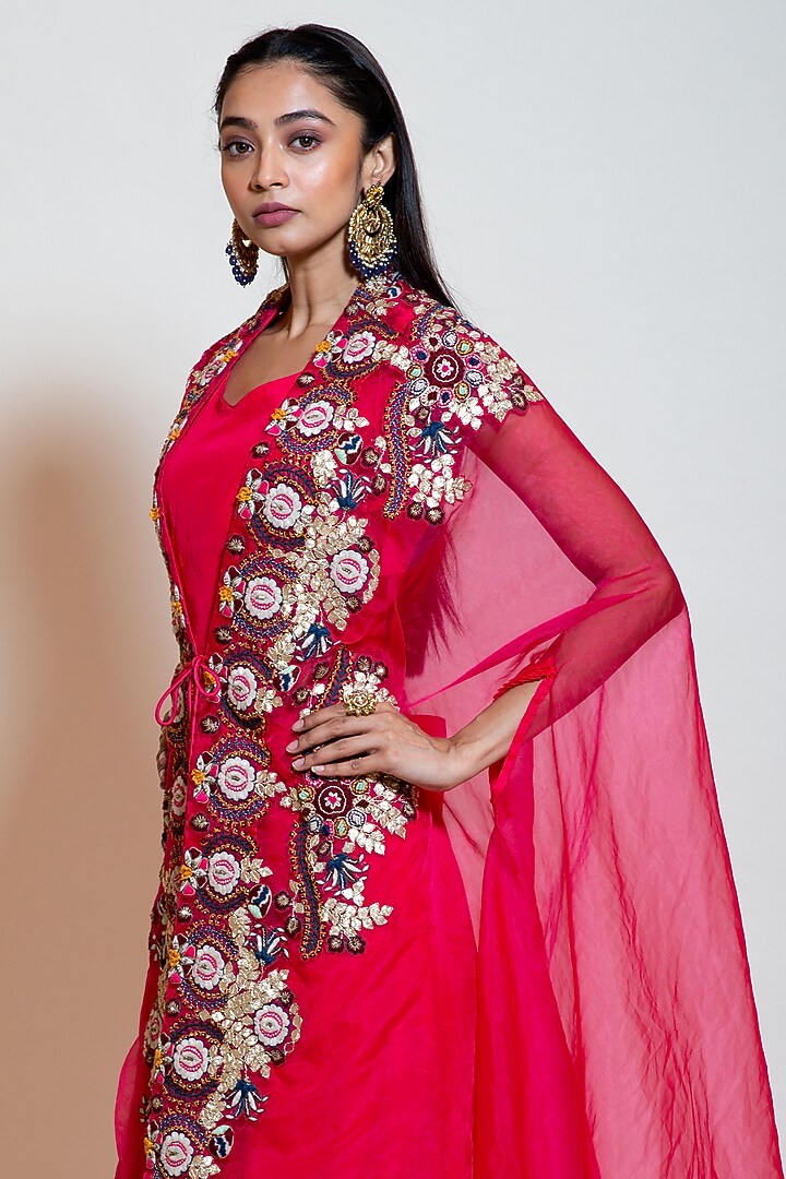 Fuschia Crepe Embroidered Jacket Wedding Lehenga Set by Smriti by Anju Agarwal at Pernia's Pop Up Shop