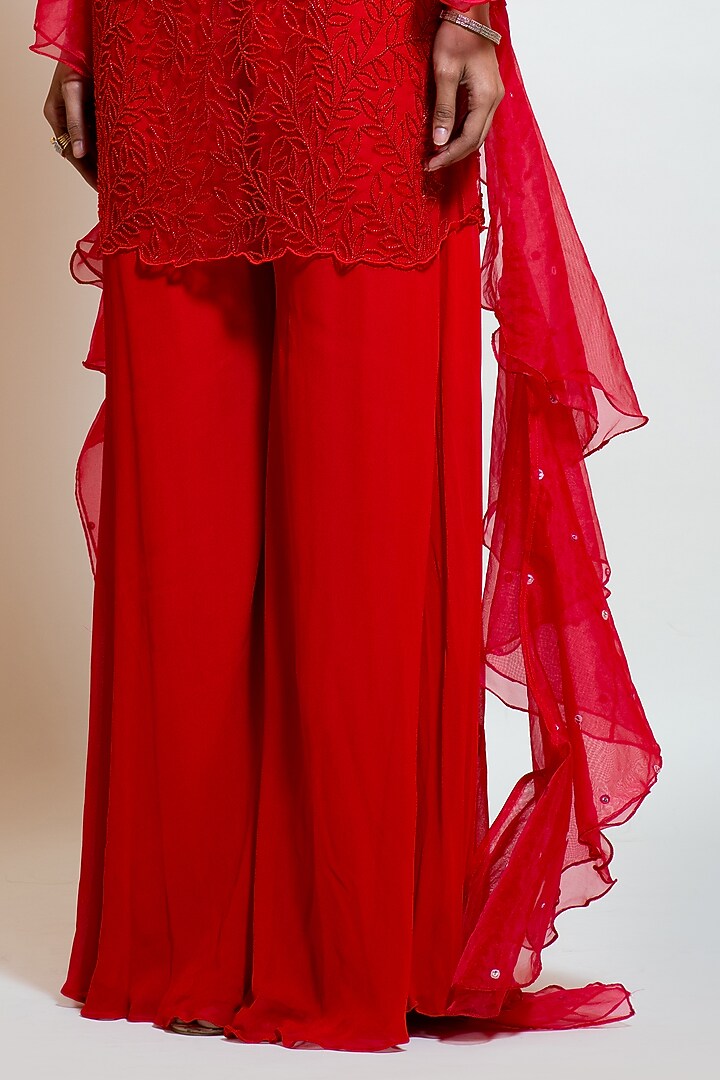 Cherry Red Georgette Wedding Sharara Set by Smriti by Anju Agarwal at Pernia's Pop Up Shop