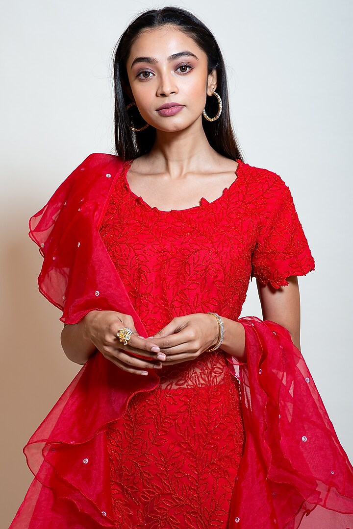 Cherry Red Georgette Wedding Sharara Set by Smriti by Anju Agarwal at Pernia's Pop Up Shop
