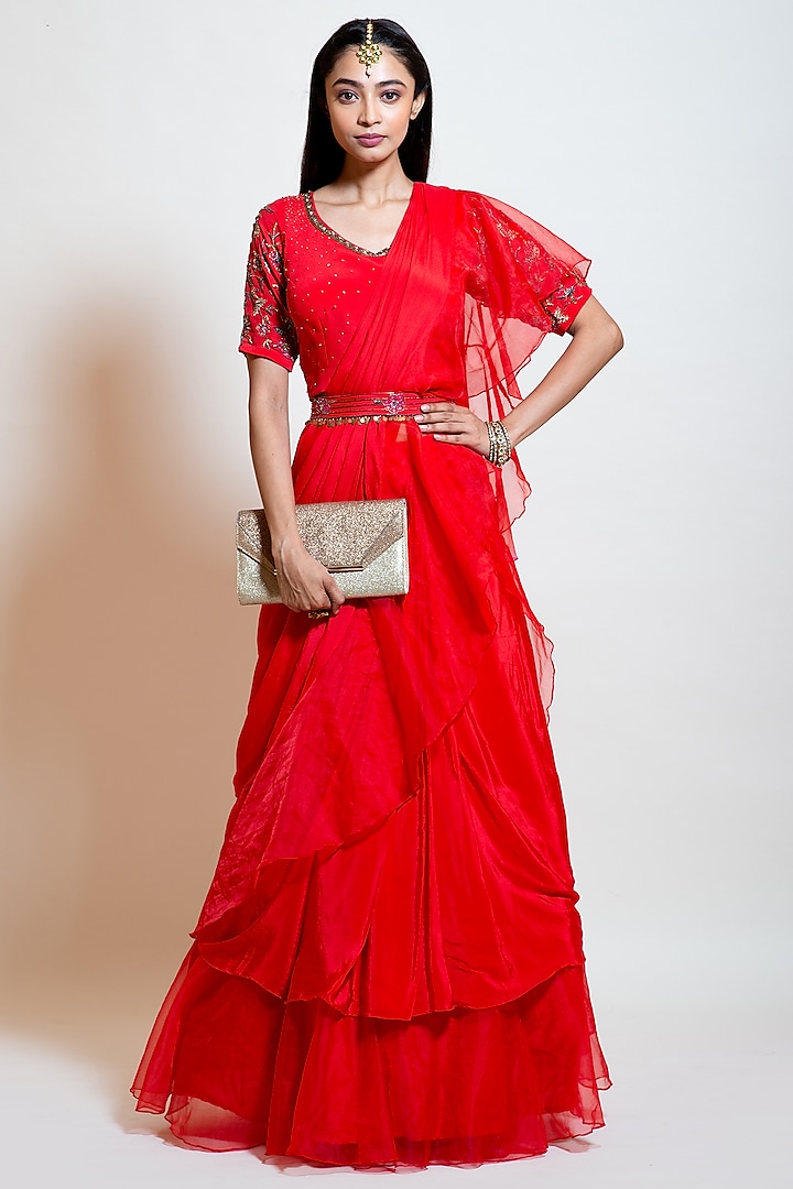 Scarlet Red Crepe & Organza Ruffled Layered Lehenga Saree Set by Smriti by Anju Agarwal at Pernia's Pop Up Shop