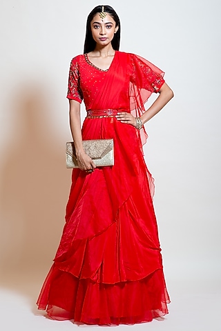 Scarlet Red Crepe & Organza Ruffled Layered Lehenga Saree Set by Smriti by Anju Agarwal