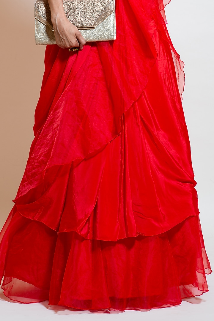 Scarlet Red Crepe & Organza Ruffled Layered Wedding Lehenga Saree Set by Smriti by Anju Agarwal at Pernia's Pop Up Shop