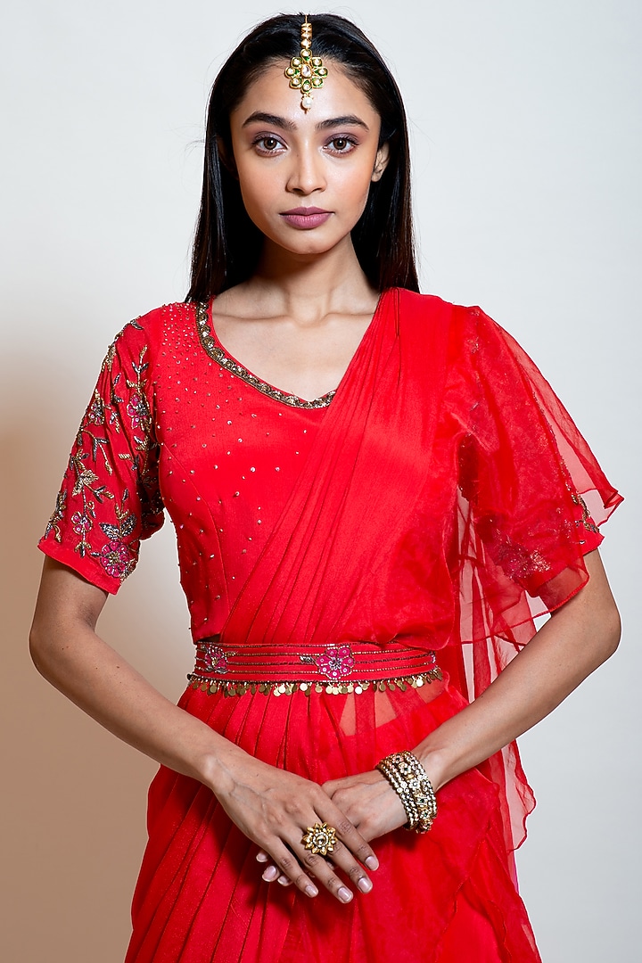 Scarlet Red Crepe & Organza Ruffled Layered Wedding Lehenga Saree Set by Smriti by Anju Agarwal at Pernia's Pop Up Shop