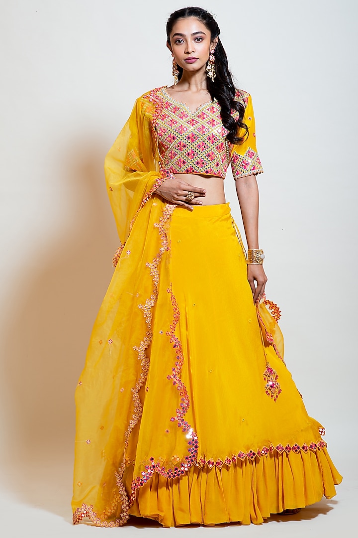 Chrome Yellow Crepe & Chinon Embroidered Wedding Lehenga Set by Smriti by Anju Agarwal at Pernia's Pop Up Shop