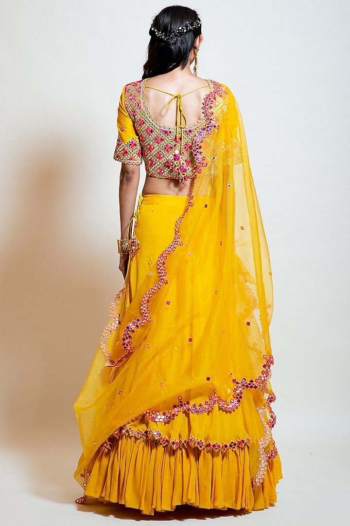 Chrome Yellow Crepe & Chinon Embroidered Wedding Lehenga Set by Smriti by Anju Agarwal at Pernia's Pop Up Shop