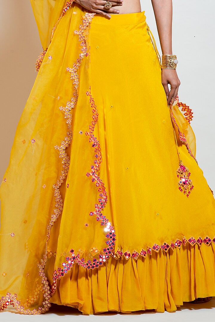 Chrome Yellow Crepe & Chinon Embroidered Wedding Lehenga Set by Smriti by Anju Agarwal at Pernia's Pop Up Shop