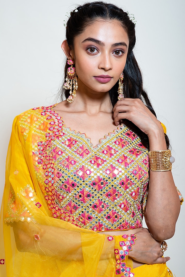 Chrome Yellow Crepe & Chinon Embroidered Wedding Lehenga Set by Smriti by Anju Agarwal at Pernia's Pop Up Shop