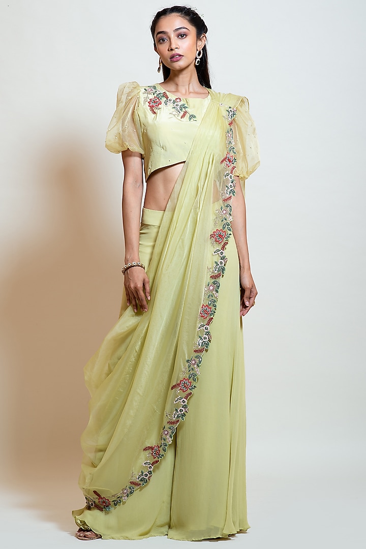 Pista Green Georgette & Organza Thread Embroidered Draped Pant Saree Set by Smriti by Anju Agarwal