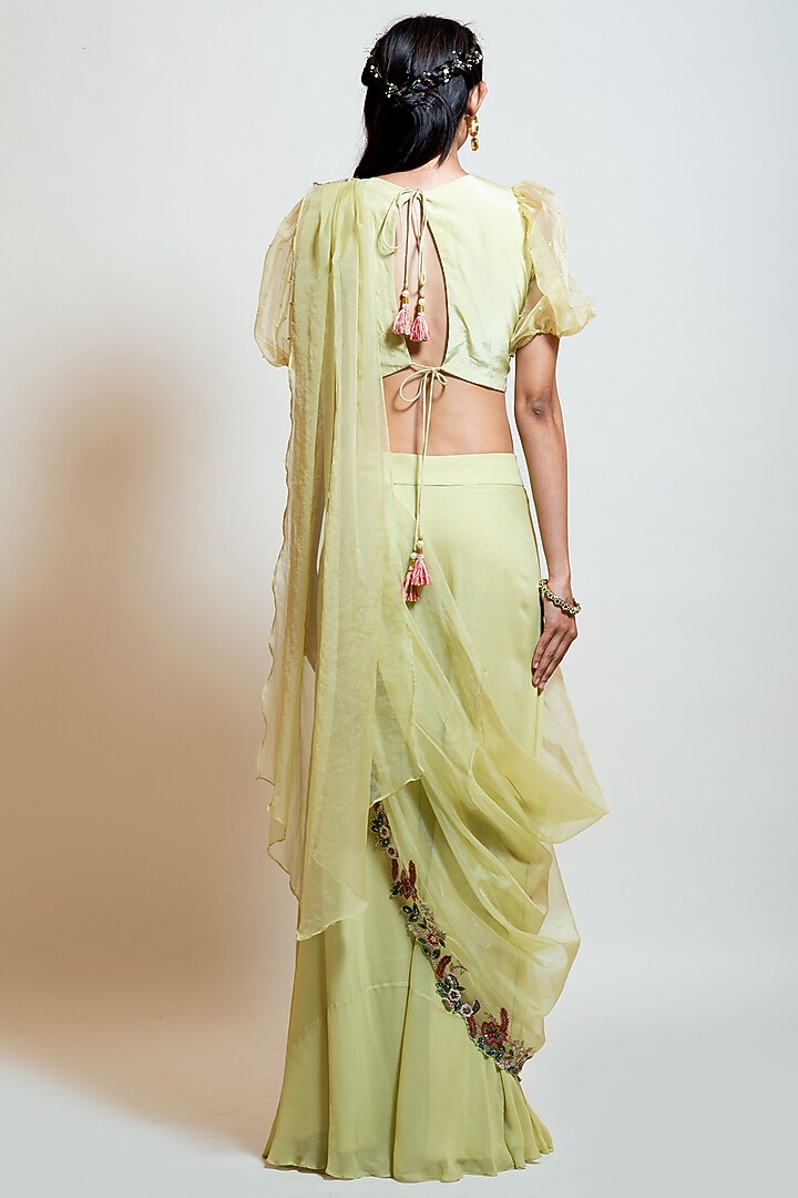 Pista Green Georgette & Organza Thread Embroidered Draped Pant Party Wear Saree Set by Smriti by Anju Agarwal at Pernia's Pop Up Shop
