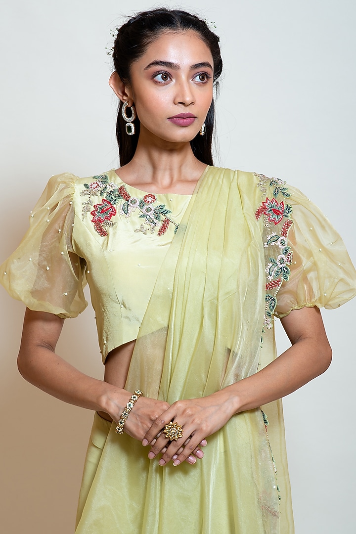 Pista Green Georgette & Organza Thread Embroidered Draped Pant Party Wear Saree Set by Smriti by Anju Agarwal at Pernia's Pop Up Shop