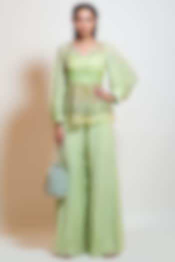 Lime Green Chinon Pant Set by Smriti by Anju Agarwal at Pernia's Pop Up Shop