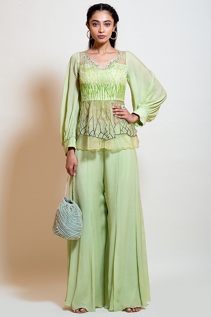 Lime Green Chinon Pant Set by Smriti by Anju Agarwal at Pernia's Pop Up Shop