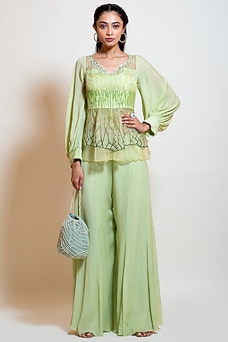 Lime Green Chinon Pant Set by Smriti by Anju Agarwal