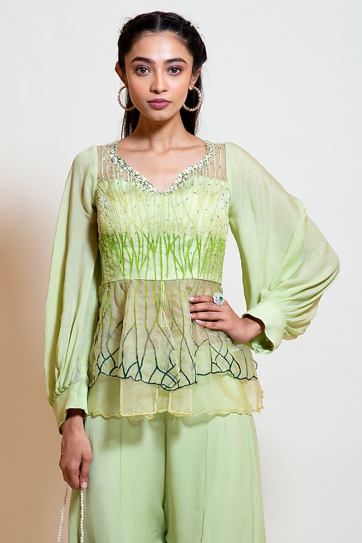 Lime Green Chinon Pant Set by Smriti by Anju Agarwal at Pernia's Pop Up Shop