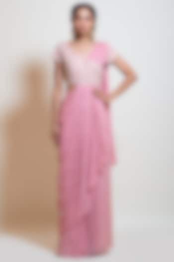 Blush Pink Crepe Embroidered Draped Skirt Saree Set by Smriti by Anju Agarwal