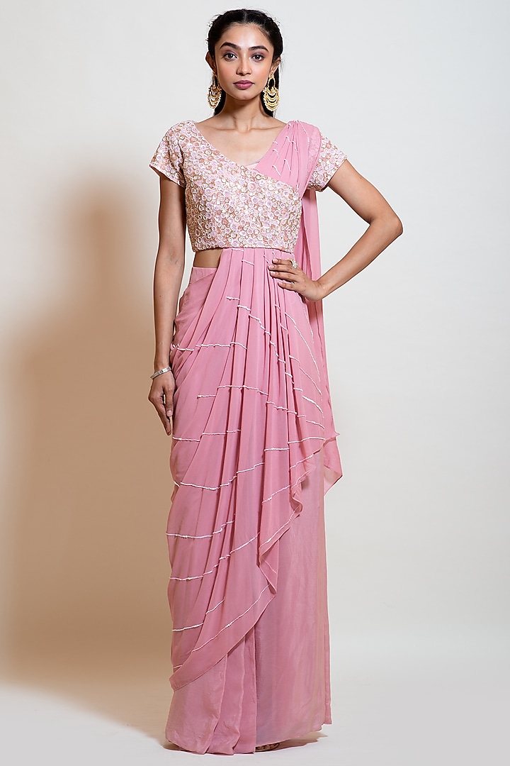 Blush Pink Crepe Embroidered Draped Skirt Saree Set by Smriti by Anju Agarwal