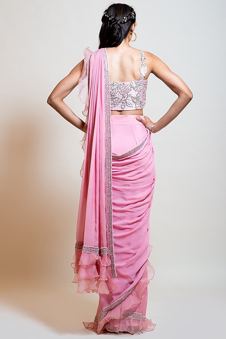 Blush Pink Chinon Embellished Pre-Draped Wedding Saree Set by Smriti by Anju Agarwal at Pernia's Pop Up Shop