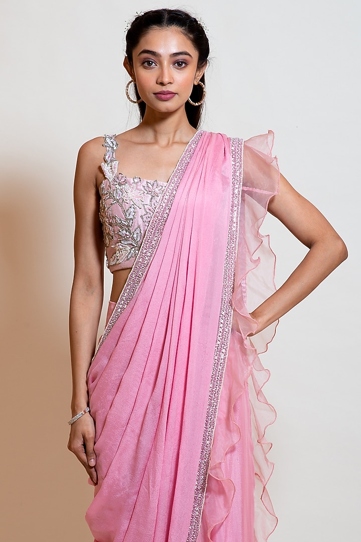 Blush Pink Chinon Embellished Pre-Draped Wedding Saree Set by Smriti by Anju Agarwal at Pernia's Pop Up Shop