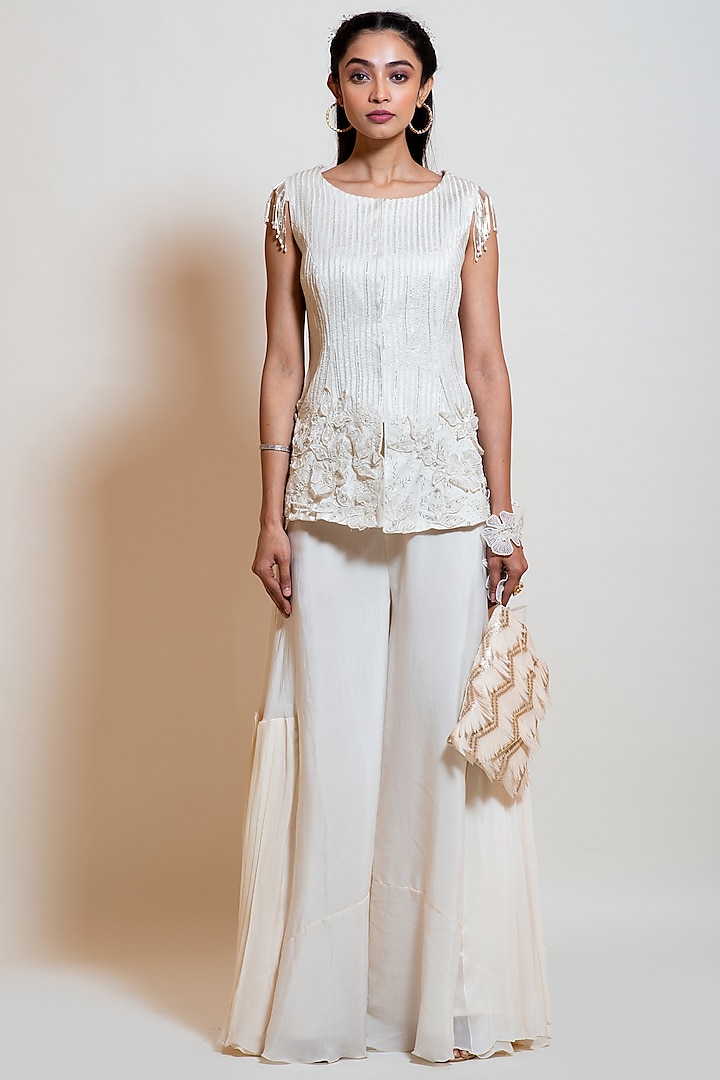 Pearl White Crepe Palazzo Pant Set by Smriti by Anju Agarwal at Pernia's Pop Up Shop