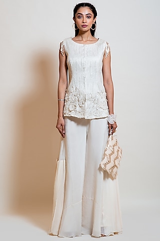 Pearl White Crepe Palazzo Pant Set by Smriti by Anju Agarwal