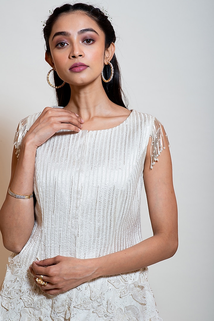Pearl White Crepe Palazzo Pant Set by Smriti by Anju Agarwal at Pernia's Pop Up Shop