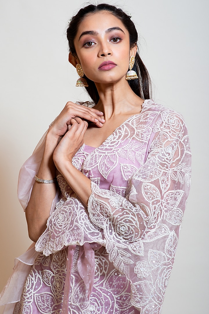 Lavender Organza Embroidered Jacket Set by Smriti by Anju Agarwal at Pernia's Pop Up Shop