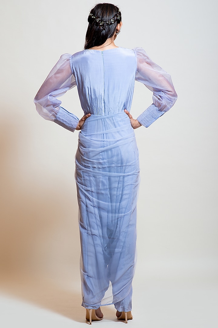 Grey Blue Crepe & Organza Draped Dhoti Jumpsuit by Smriti by Anju Agarwal at Pernia's Pop Up Shop