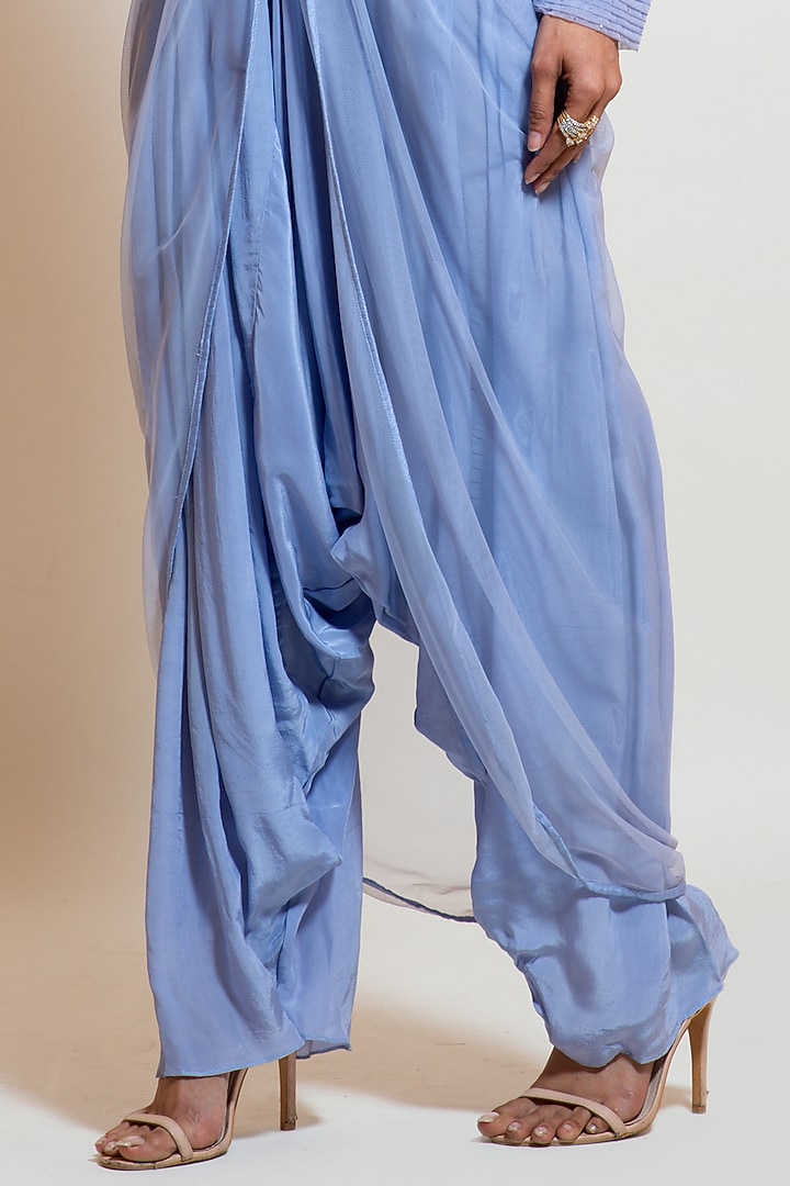 Grey Blue Crepe & Organza Draped Dhoti Jumpsuit by Smriti by Anju Agarwal at Pernia's Pop Up Shop