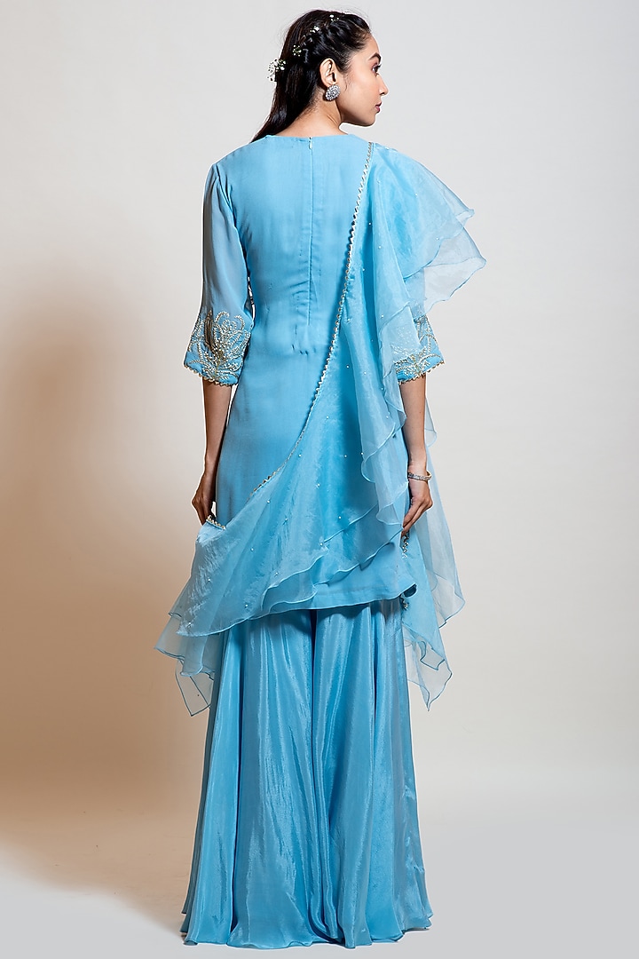 Light Blue Crepe Party Wear Sharara Set by Smriti by Anju Agarwal at Pernia's Pop Up Shop