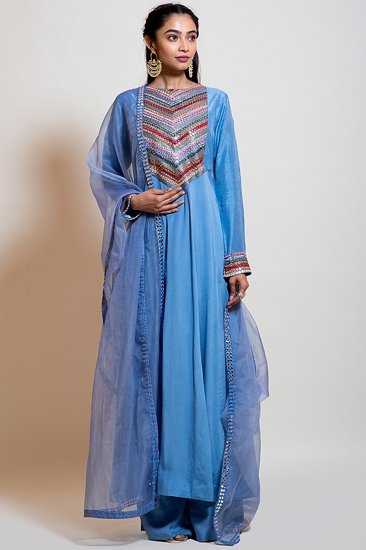 Greyish Blue Chinon Embellished Party Wear Anarkali Set by Smriti by Anju Agarwal at Pernia's Pop Up Shop