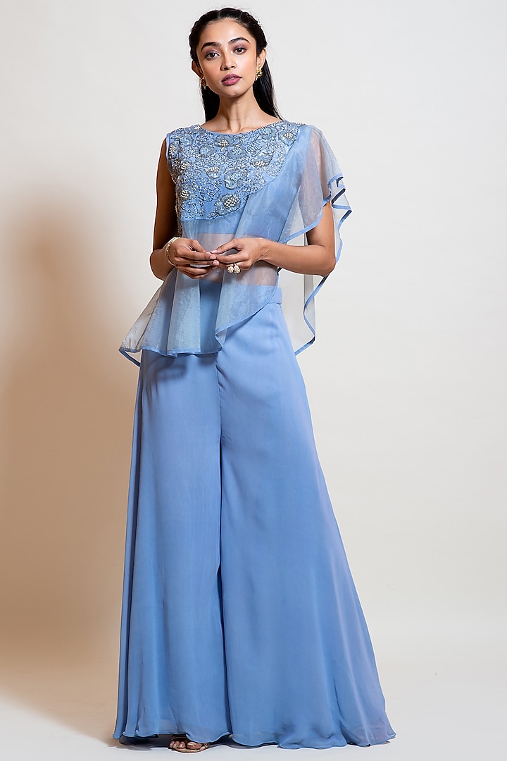 Light Blue Organza Embroidered Cape Set by Smriti by Anju Agarwal at Pernia's Pop Up Shop