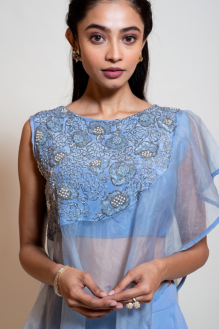 Light Blue Organza Embroidered Cape Set by Smriti by Anju Agarwal at Pernia's Pop Up Shop