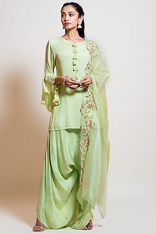 Lime Green Crepe Draped Dhoti Set by Smriti by Anju Agarwal